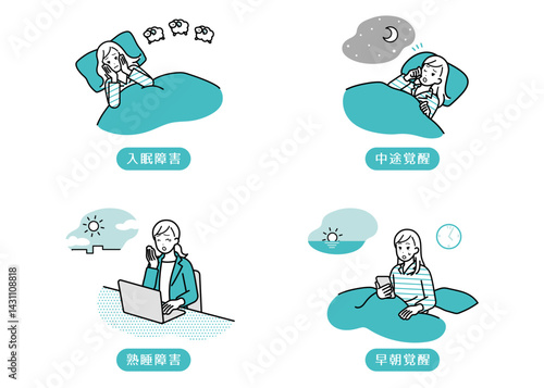 睡眠　睡眠障害のイラストセット
