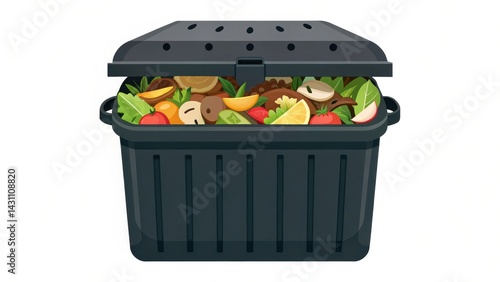A black compost bin filled with various fruits and vegetables, illustrating waste management and sustainability.