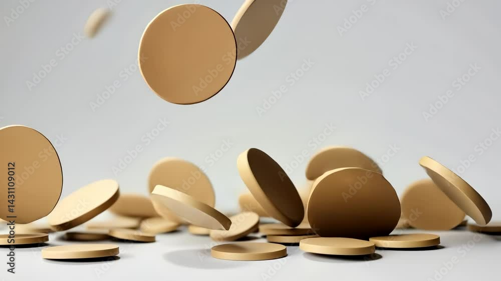 Beige circular 3d tokens are falling onto a white surface a coins, creating game dynamic and visually appealing arrangement video 4k