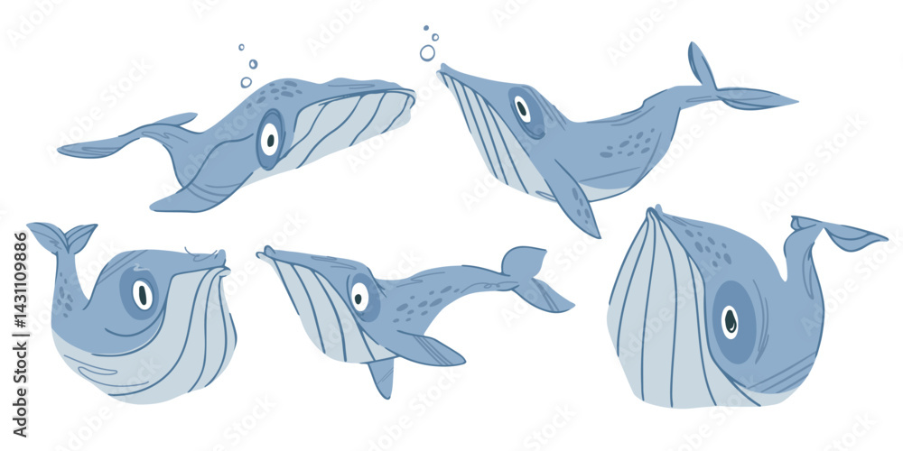 Obraz premium Set of cute cartoon whales in different poses for kids illustration, sea theme collection