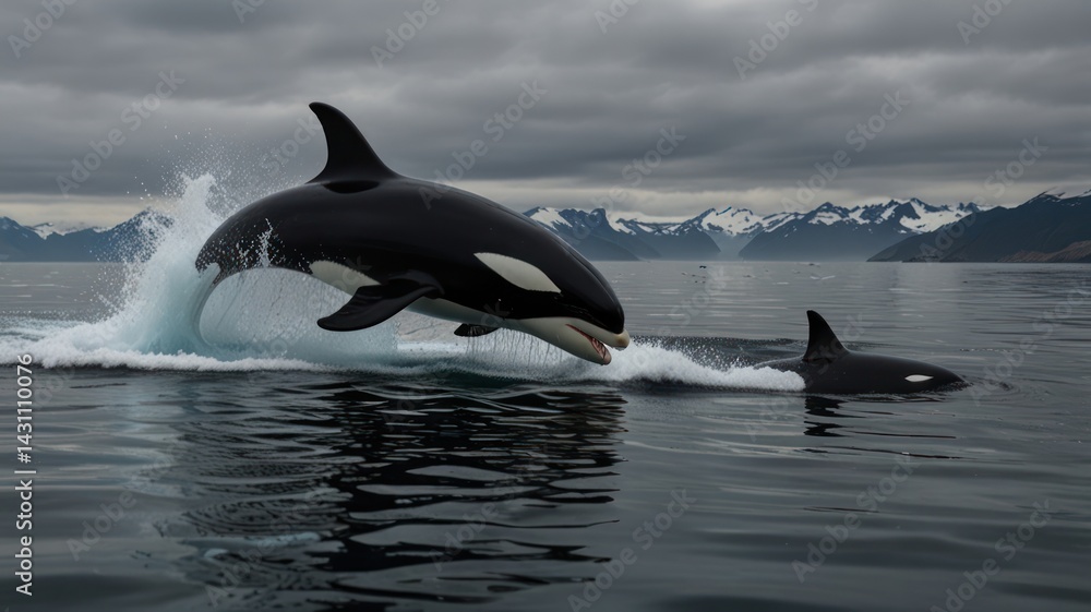 Fototapeta premium Orcas leaping, ocean, mountains, wildlife, nature photography