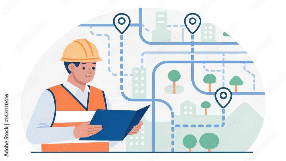 A construction worker studies a blueprint while examining a city map with marked locations and roads. A construction worker studies a blueprint while examining a city map with marked locations and roads.