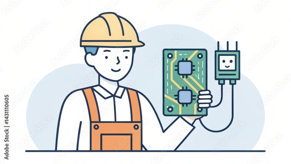Illustration of a technician holding a circuit board with a cheerful expression, wearing a hard hat and overalls. Illustration of a technician holding a circuit board with a cheerful expression, wearing a hard hat and overalls.