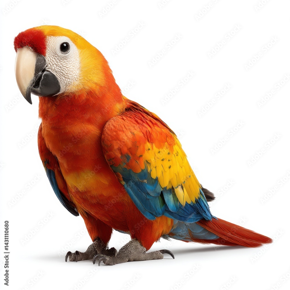 Obraz premium Vibrant scarlet macaw portrait against white backdrop capturing exotic bird beauty in studio shot showcasing vivid plumage and tropical allure for nature enthusiasts