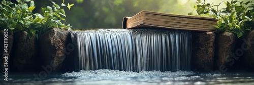 Obraz na płótnie Waterfall Flows From Open Book With Pages Forming Cliffs and Trees in Serene Nature Landscape Generative AI w salonie