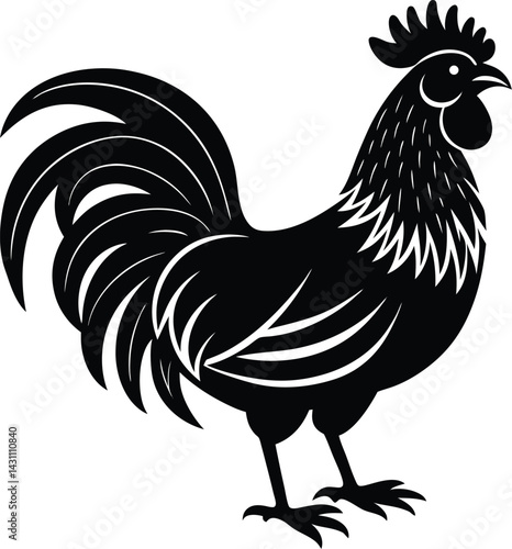 Silhouette of a strutting rooster with tail feathers minimalistic vector style perfect for morning farm or fresh product themes