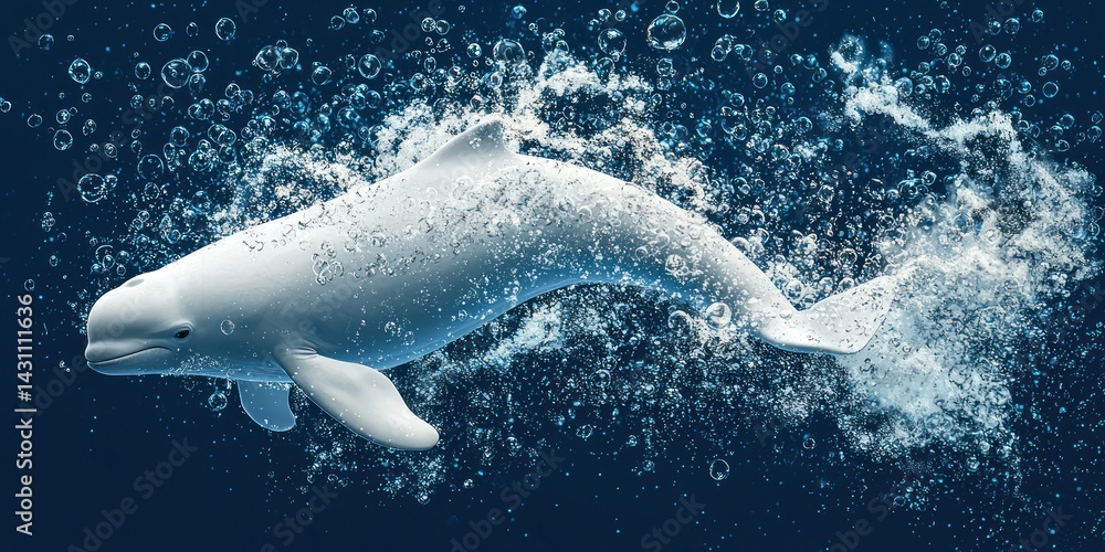 Obraz premium A playful beluga whale diving underwater, bubbles trailing behind