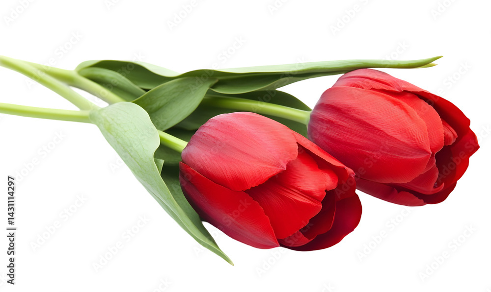 Fototapeta premium Two vibrant red tulips, close-up. Fresh and beautiful spring flowers