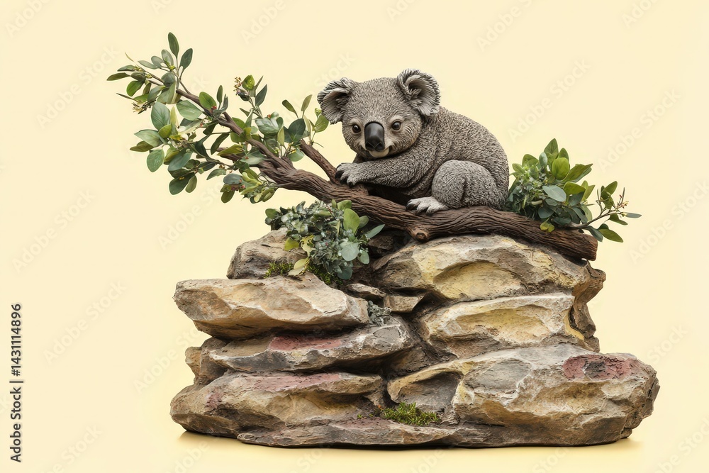 Obraz premium Gray koala figurine perched atop decorative rocks and greenery.
