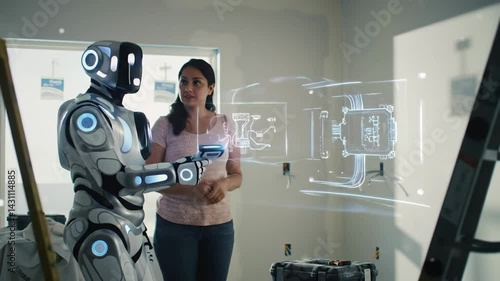 A humanoid robot interacts with a woman inside an unfinished room, projecting holographic construction schematics onto the wall. Ideal for future tech, AI, or smart home concepts. Shows collaboration.