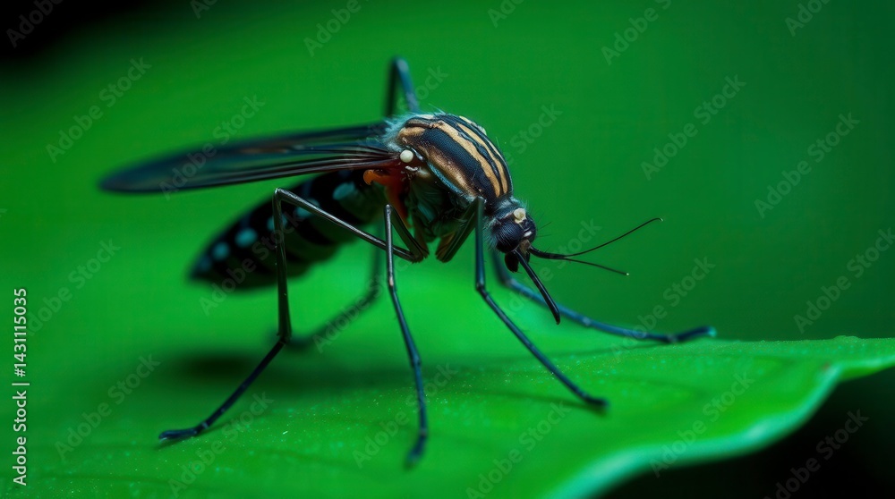 Mosquito Resting on Green Leaf in Close-up View Mosquito Resting on Green Leaf in Close-up View