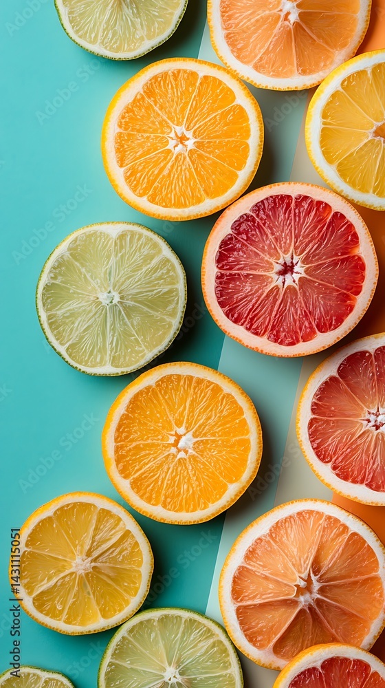 Obraz premium Citrus Fruit Slices Oranges, Grapefruit, Lemon, and Lime Halves on Colorful Surface