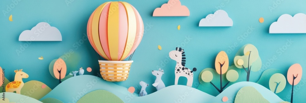 Hot Air Balloon Carrying Small Forest Animals Over Gentle Hills With Playful Clouds Below Colorful Sky Generative AI