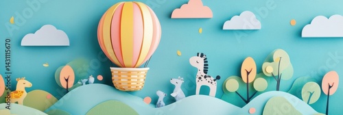 Obraz na płótnie Hot Air Balloon Carrying Small Forest Animals Over Gentle Hills With Playful Clouds Below Colorful Sky Generative AI w salonie