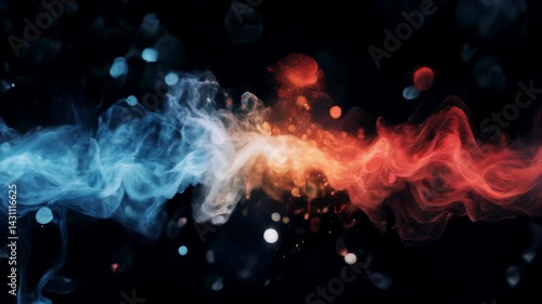 Dynamic waves of blue and red colors swirl together against a dark background, creating an abstract, energetic visual effect.