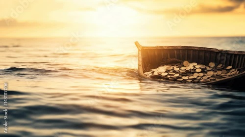 A wooden boat filled with shiny coins floats serenely in a shimmering ocean under a warm sunset.