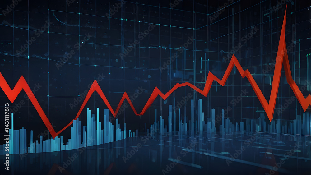 Digital Illustration of a Financial Graph with Rising Red Trend Line and Blue Data Bars Digital Illustration of a Financial Graph with Rising Red Trend Line and Blue Data Bars