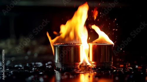 Two metallic cans are engulfed in flames, creating a dramatic visual with orange and yellow fire against a blurred background.