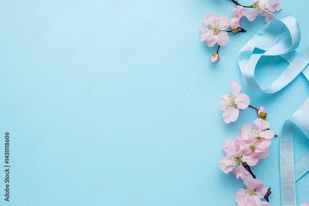 Obraz premium Light Blue Texture with Blooming Pink Cherry Flowers and Silk Ribbon Decoration