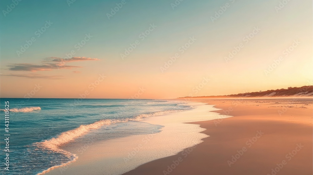Obraz premium Serene ocean beach with gentle waves meeting sandy shore under pastel sunset sky