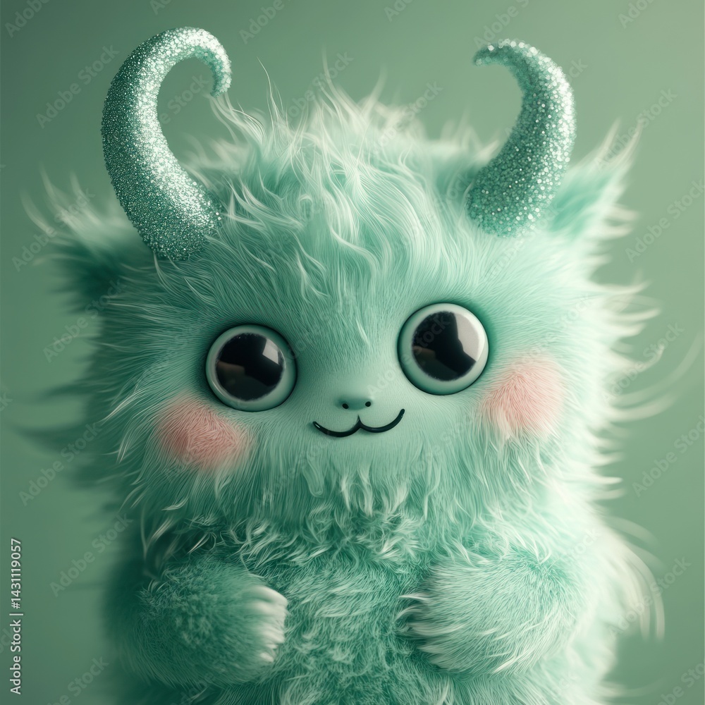 Fototapeta premium Fuzzy, teal monster with large eyes and horns.