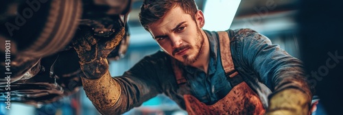 Auto Mechanic Works Diligently Under a Vehicle in a Gritty Garage Filled With Tools and Automotive Parts Generative AI