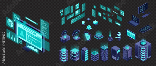 Set of isometric computer technology. Isometric set server equipment. Technology isometric icons. Digital technology items. Isometric technology