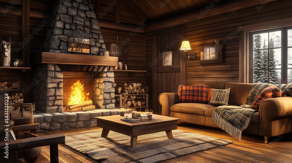 Cozy Rustic Cabin Interior: Warm Fireplace, Wooden Walls, and Plaid Sofa Cozy Rustic Cabin Interior: Warm Fireplace, Wooden Walls, and Plaid Sofa