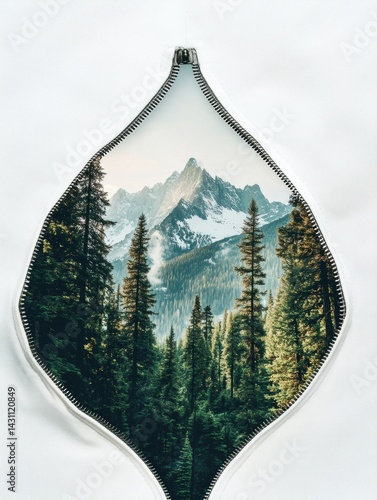 Creative Zipper Reveals Breathtaking Forest and Mountain View Behind the Canvas, Showcasing a Secret Wildscape Generative AI