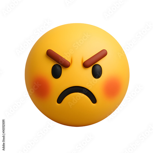 3D angry emoji with furrowed brows, red cheeks, and a fierce frown expressing rage or frustration in glossy cartoon style on transparent background.
