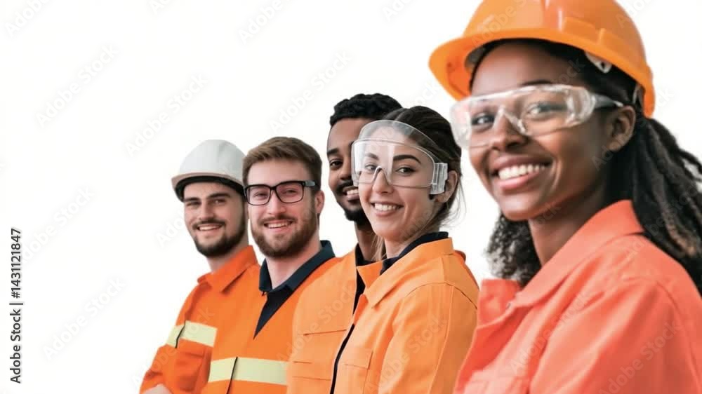Industrial Team: A diverse group of engineers and construction workers stand proudly, donned in orange workwear. representing unity, skill, and collective progress. Industrial Team: A diverse group of engineers and construction workers stand proudly, donned in orange workwear. representing unity, skill, and collective progress.