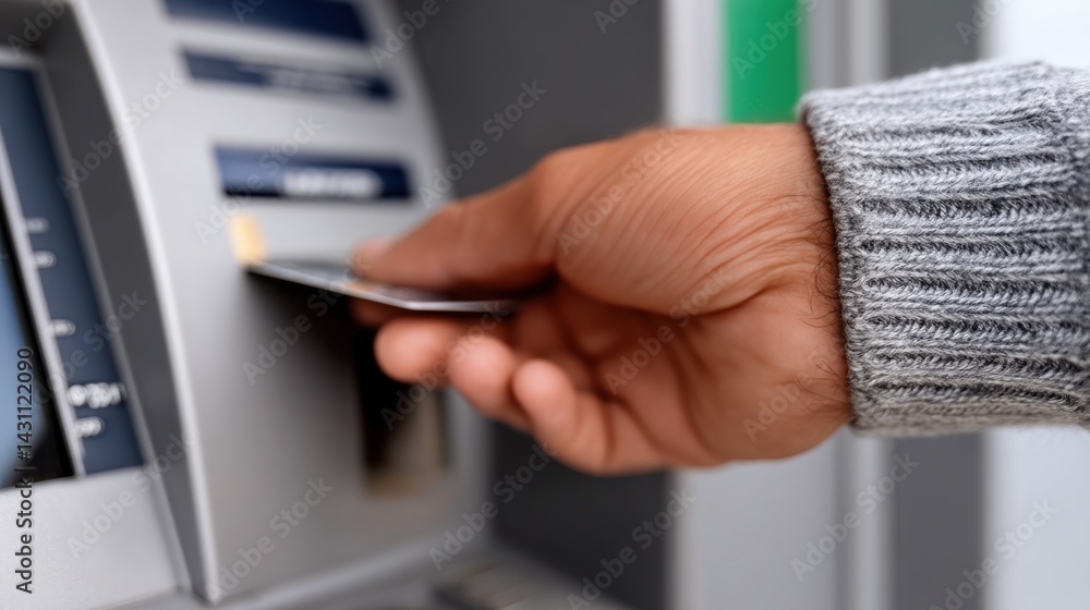 Obraz premium Person using an automated teller machine to withdraw cash in an urban setting during daylight hours