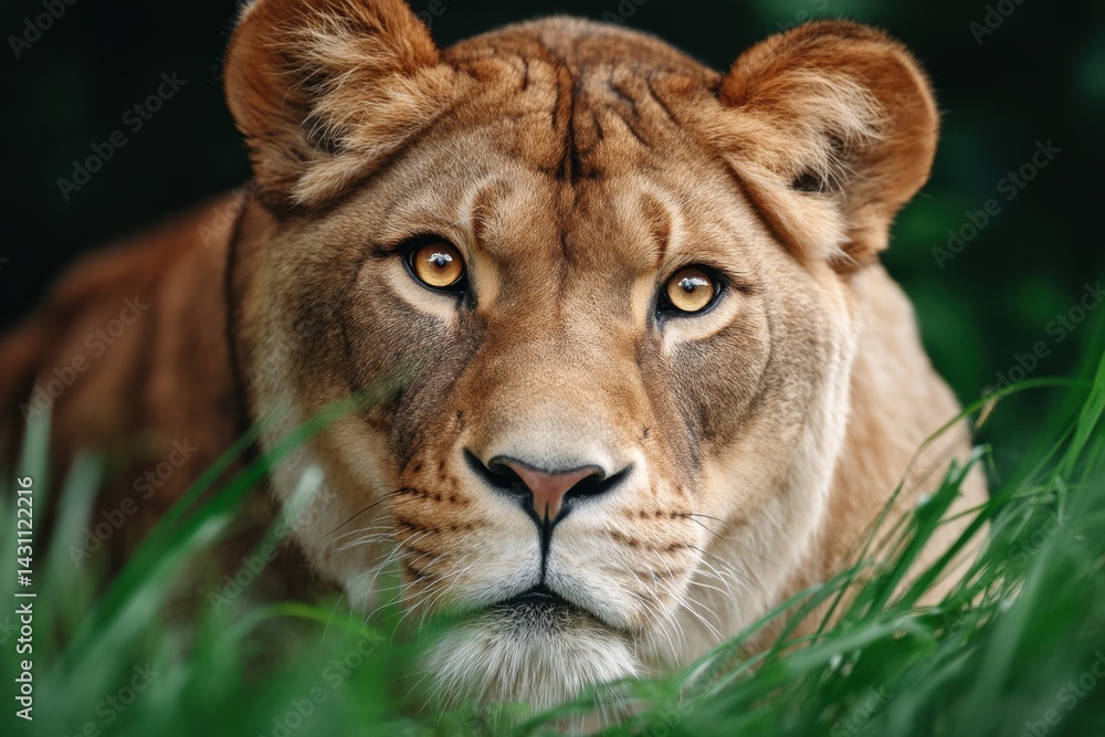 Fototapeta premium Majestic lioness resting in lush green grass during a tranquil afternoon