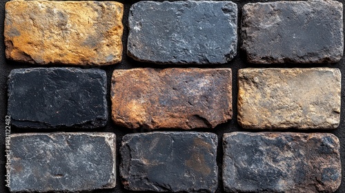 Textured Stone Bricks: A Close-Up View of Multicolored, Irregularly Shaped Paving Stones