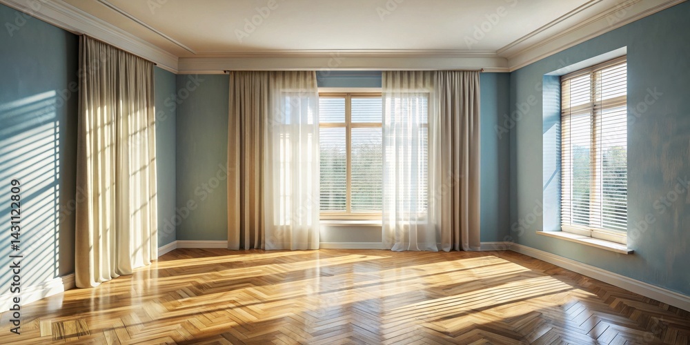 Obraz premium Sunlight Streams Through Sheer Curtains in an Empty Room with Hardwood Floors