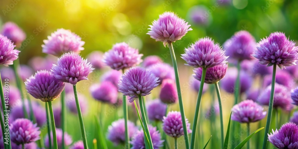 A field of vibrant purple chive blossoms bathed in soft sunlight, showcasing delicate petals and slender stems, creating a picturesque scene of natural beauty. A field of vibrant purple chive blossoms bathed in soft sunlight, showcasing delicate petals and slender stems, creating a picturesque scene of natural beauty.