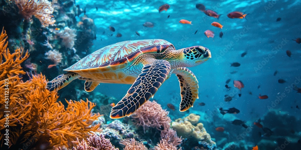 Fototapeta premium A sea turtle gracefully swimming near colorful coral, with small fish surrounding it