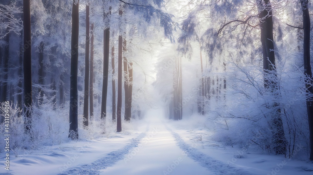 Serene Winter Path: Frost-Covered Trees and a Misty Snow-Covered Road Serene Winter Path: Frost-Covered Trees and a Misty Snow-Covered Road