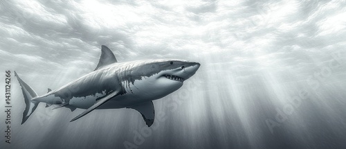 Wallpaper Mural Shark swimming underwater with sunlight streaming through the water surface. Torontodigital.ca