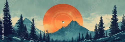 Creative Vinyl Record Design Features Grooves Shaped Like Pine Trees and Snowy Mountains With a Vibrant Orange Sunset Backdrop Generative AI