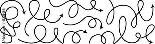 Arrow vector line set. Curved shape doodle brush element arow. Squiggly scribble direction up down abstract pointer. Change plan abstract stroke graphic sign. Curly circle looped spiral swirl map path
