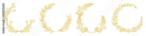 Luxury botanical gold wedding frame elements on white background. Set of circle shapes, glitters, eucalyptus leaves, leaf branches. Elegant foliage design for wedding, card, invitation, greeting.