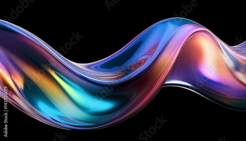 iridescent fluid wave shape with glossy surface reflecting light and colorful hues on transparent background