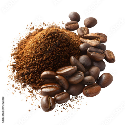 Ground coffee and beans isolated on white background, macro --v 7.0