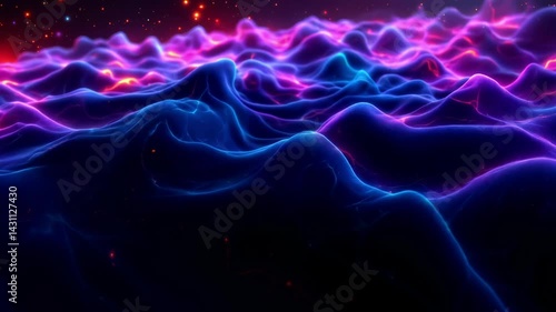 Vibrant fluid waves of energy ripple outward forming intricate geometric patterns that shift and bend space-time in a futuristic realm 