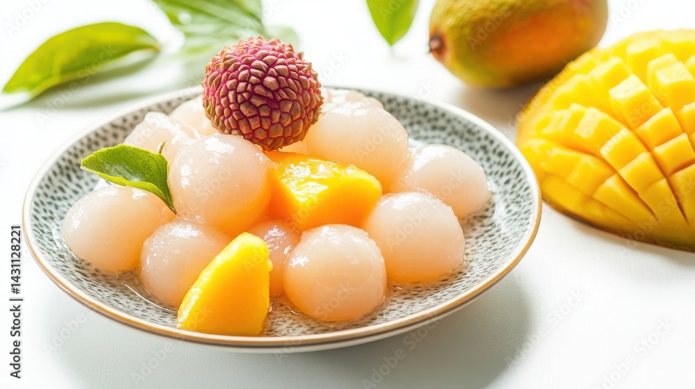 Isolated lychee and mango pieces on a plate with water, white. Isolated lychee and mango pieces on a plate with water, white.