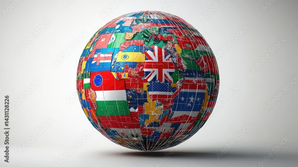 Globe covered in flags of different countries on a white background. Globe covered in flags of different countries on a white background.