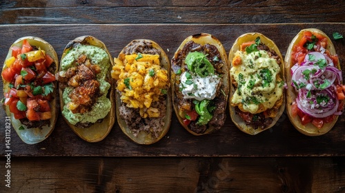 Baked potato bar with diverse toppings.