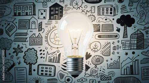 A glowing light bulb with various graffiti style images in the background, conveying themes of innovation and inspiration.
