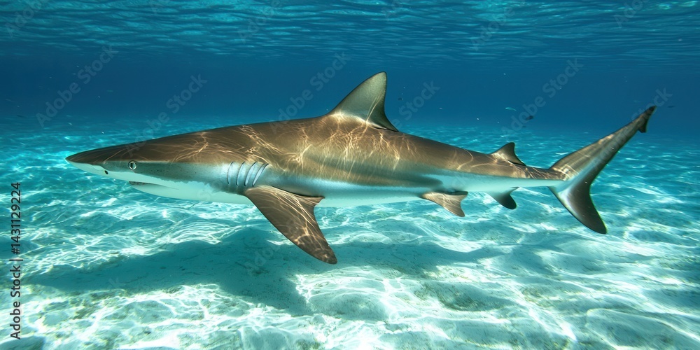 Fototapeta premium A sleek shark swimming majestically through the clear blue waters, with sunlight shining down